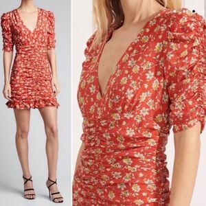 NWT Veronica Beard Josephine Silk Ruche Stretch Mini Dress Floral Red Size 14